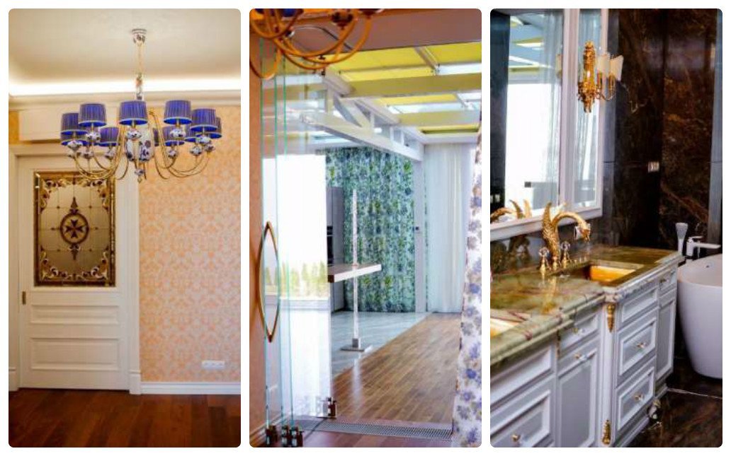 Роскошные синие светильники, зеркальный шкаф и золотой кран-лебедь