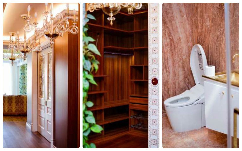 В квартире много натурального дерева и розовый каменный пол