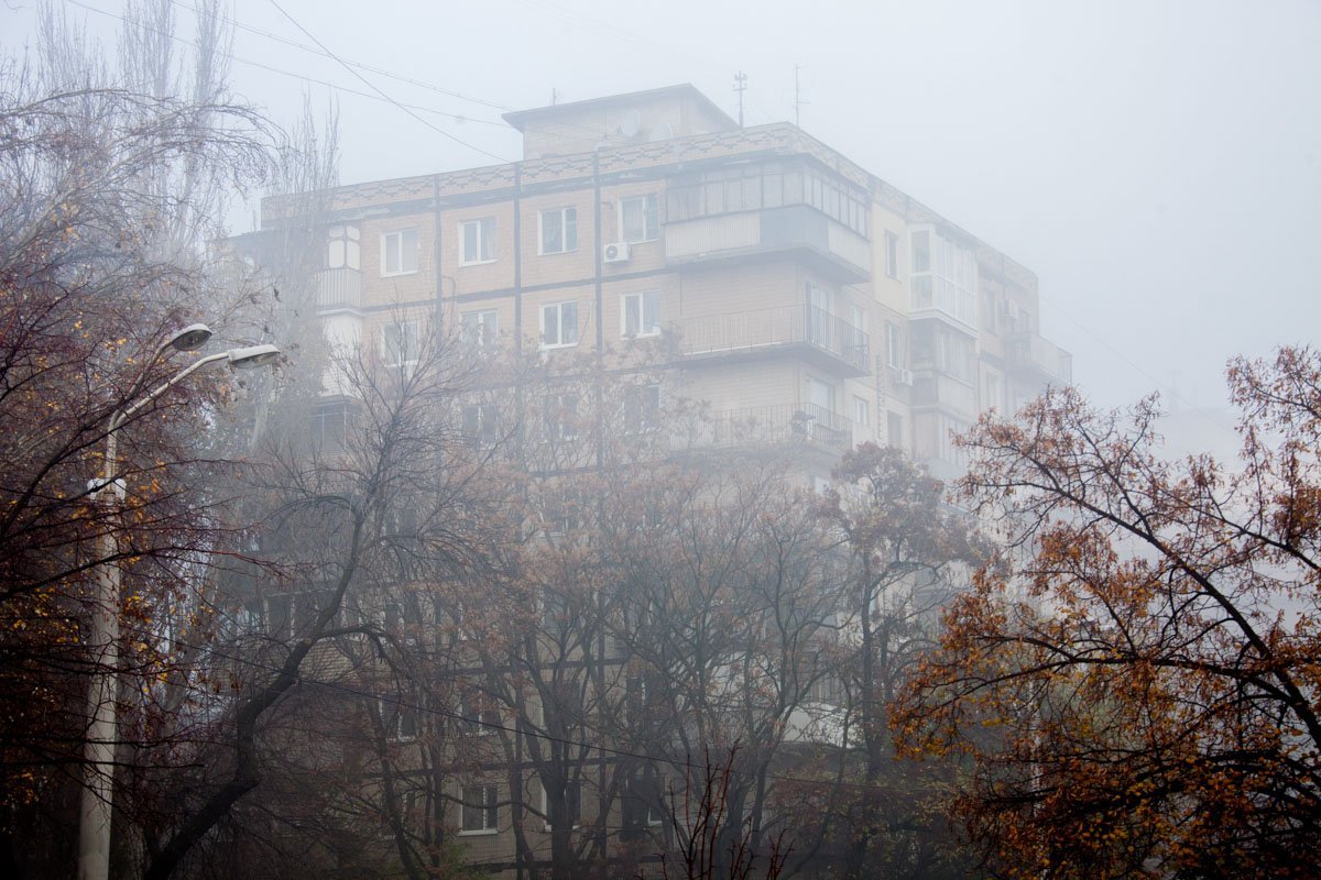 Дома еле видны в белой пелене