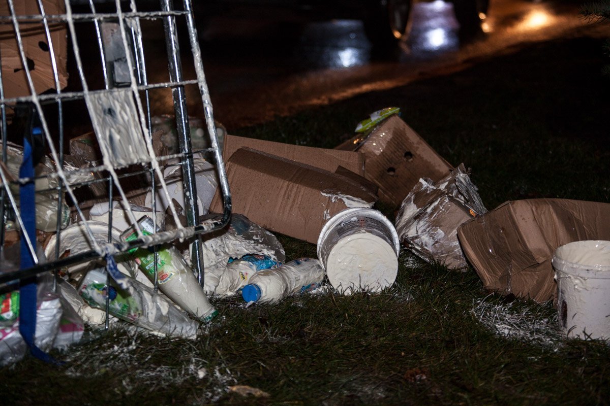 Из раскрывшихся контейнеров и коробок выпали упаковки молочных продуктов