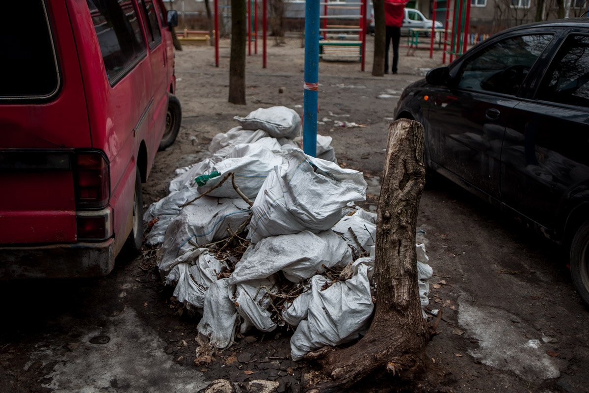 Между припаркованными авто скромно приютились мешки с ветками Между припаркованными авто скромно приютились мешки с ветками