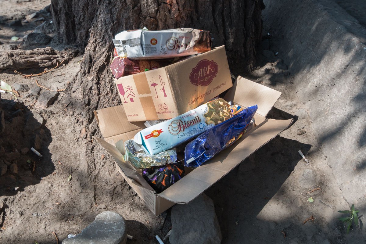 Недалеко от магазинов, под деревом, мы нашли выброшенную продукцию из магазина со сладостями Недалеко от магазинов, под деревом, мы нашли выброшенную продукцию из магазина со сладостями