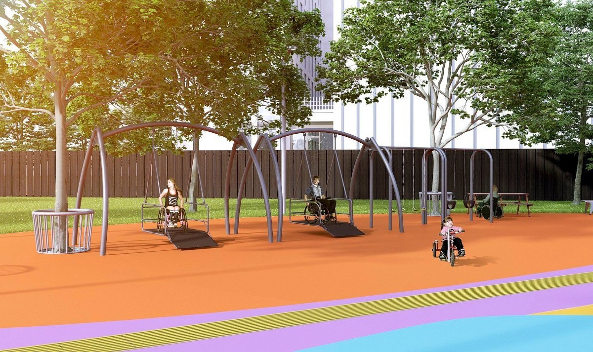Качели с возможностью заезда на инвалидной коляске Качели с возможностью заезда на инвалидной коляске
