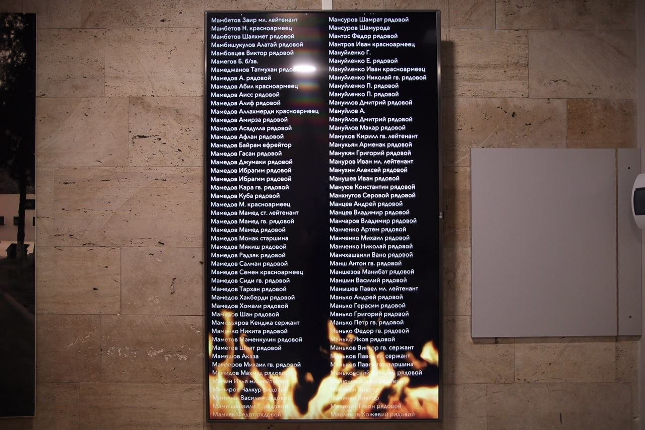 На экране в течение 40 часов непрерывно крутятся имена 52 тысяч солдатов, погибших в Битве за Днепр