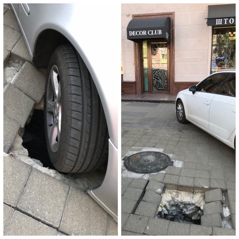 Автомобиль провалился в яму в тот момент, когда водитель пытался припарковаться