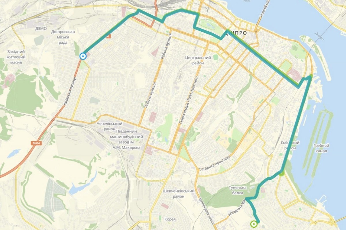 157-й маршрут идет от ж/м "Сокол-2" до проспекта Ивана Мазепы (через Набережную Победы, проспект Яворницкого, автовокзал и ж/д вокзал)