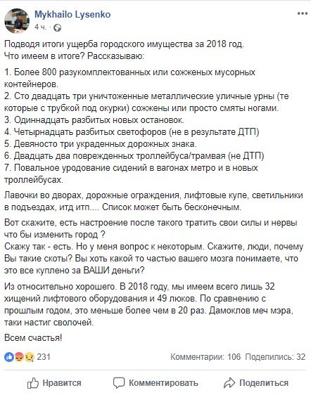Пост Михаила Лысенко в Facebook Пост Михаила Лысенко в Facebook