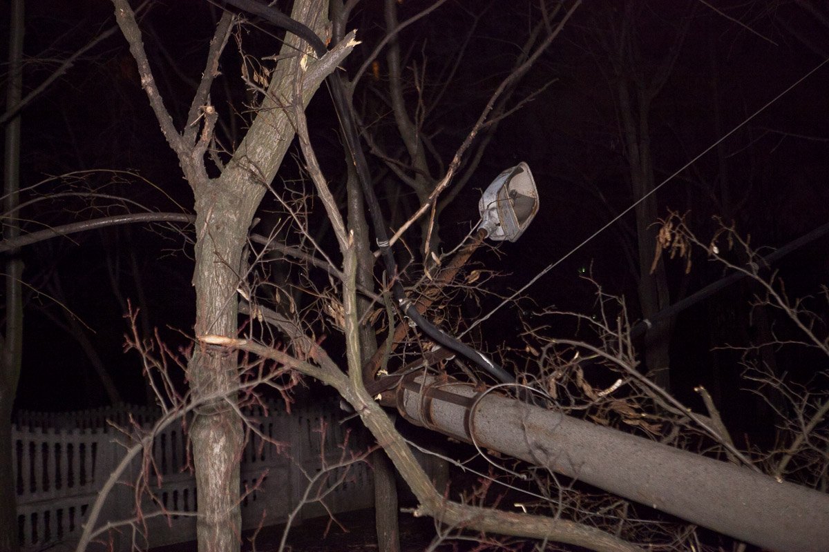 Из-за сильного удара фонарный столб раскололся пополам и рухнув, повредил дерево Из-за сильного удара фонарный столб раскололся пополам и рухнув, повредил дерево