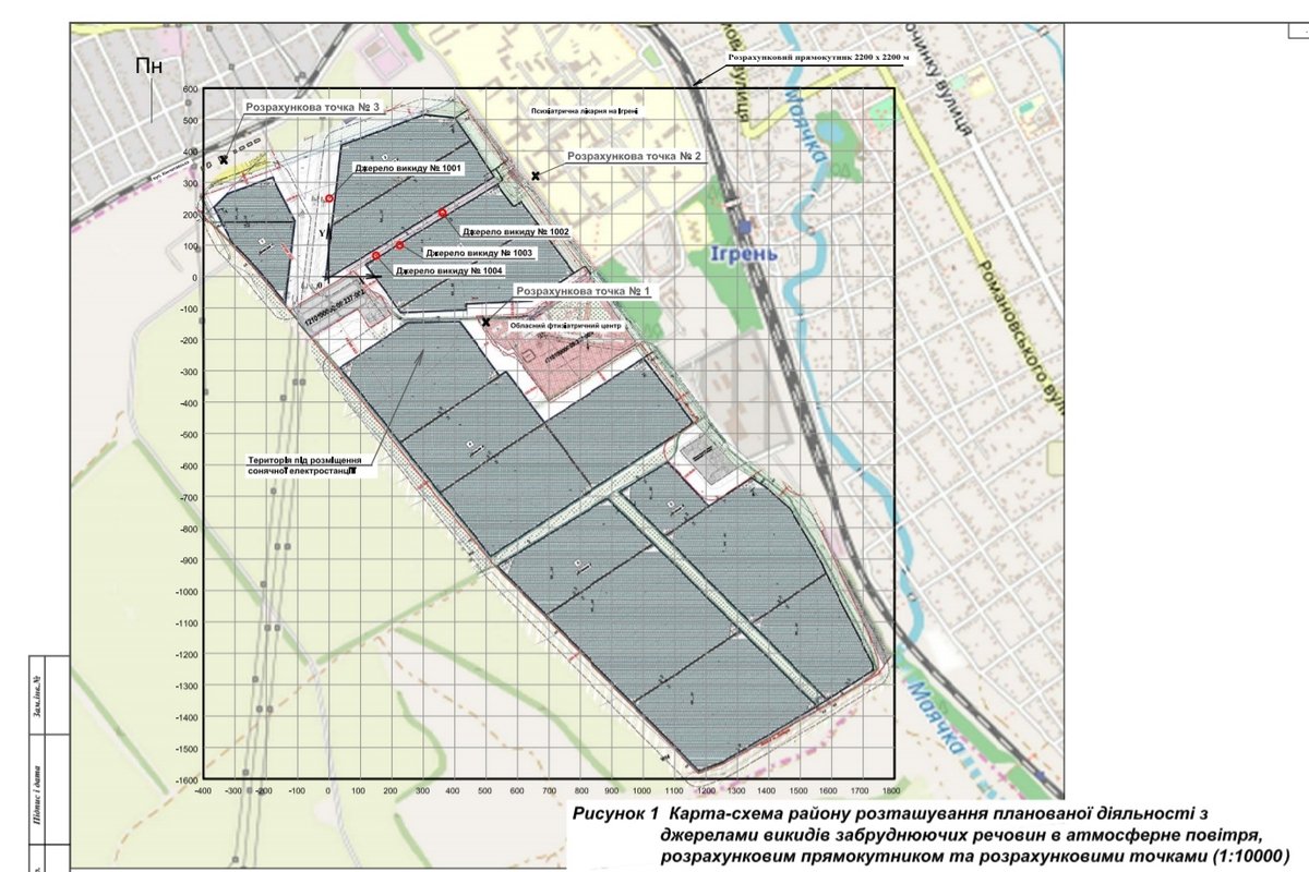 Источники выбросов в атмосферный воздух отмечены на карте красными точками