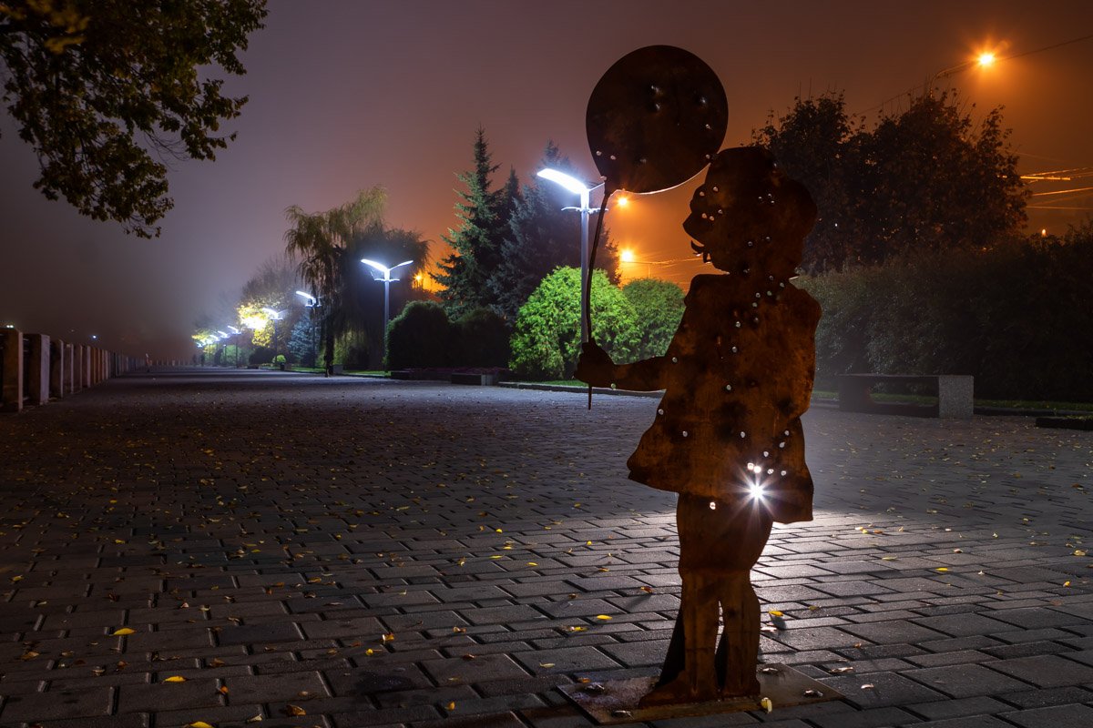 Длинная мощеная дорога освещена лишь тусклым и холодным светом фонарей  Длинная мощеная дорога освещена лишь тусклым и холодным светом фонарей