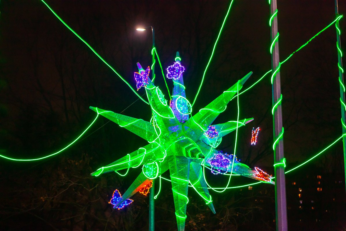 На ветках деревьев висят бесчисленные гирлянды и шары, которые мигают яркими огнями