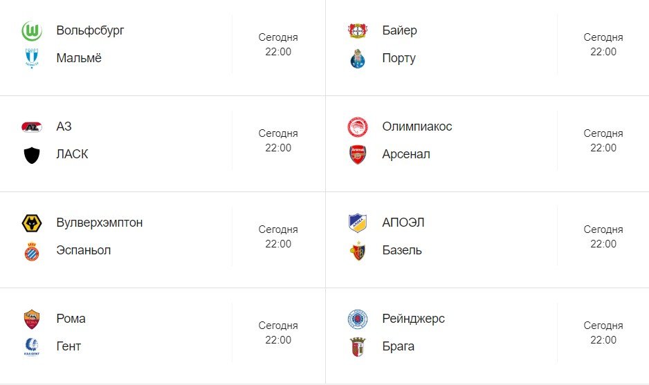 Матчи, которые начнутся в 22:00