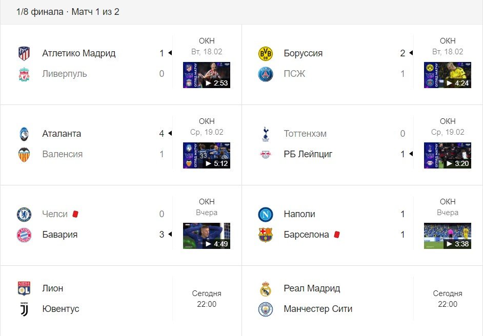 1/8 финала Лиги Чемпионов 2019-2020