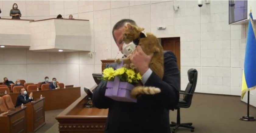 В Днепре прошла первая (учредительная) очередная сессия городского совета VIII созыва, где мэра поздравил кот