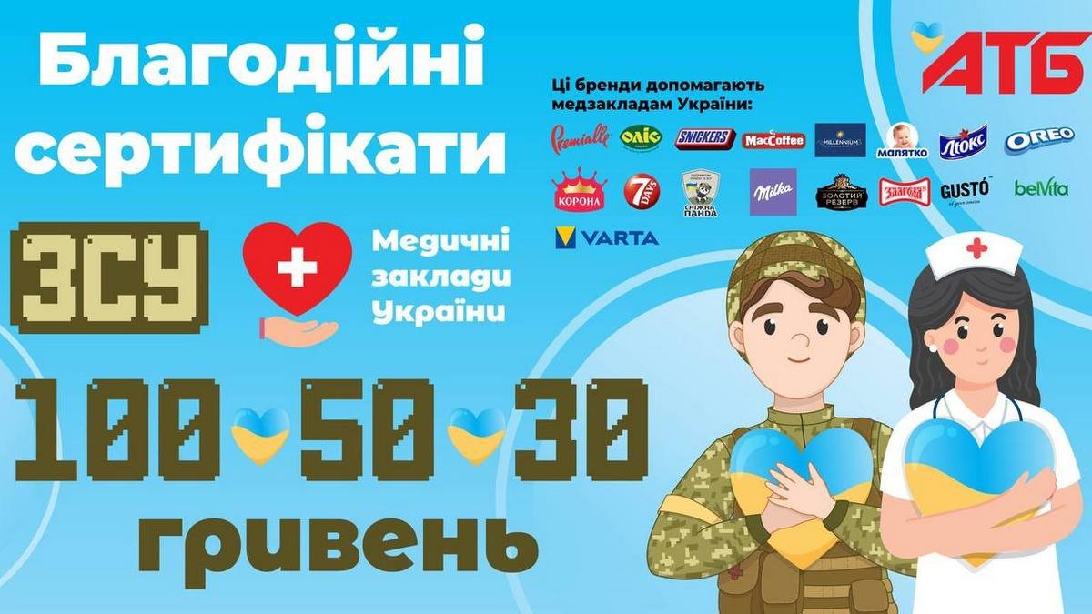 Всеукраинская сеть "АТБ" внедрила благотворительные сертификаты для помощи ВСУ и медицинским учреждениям Украины