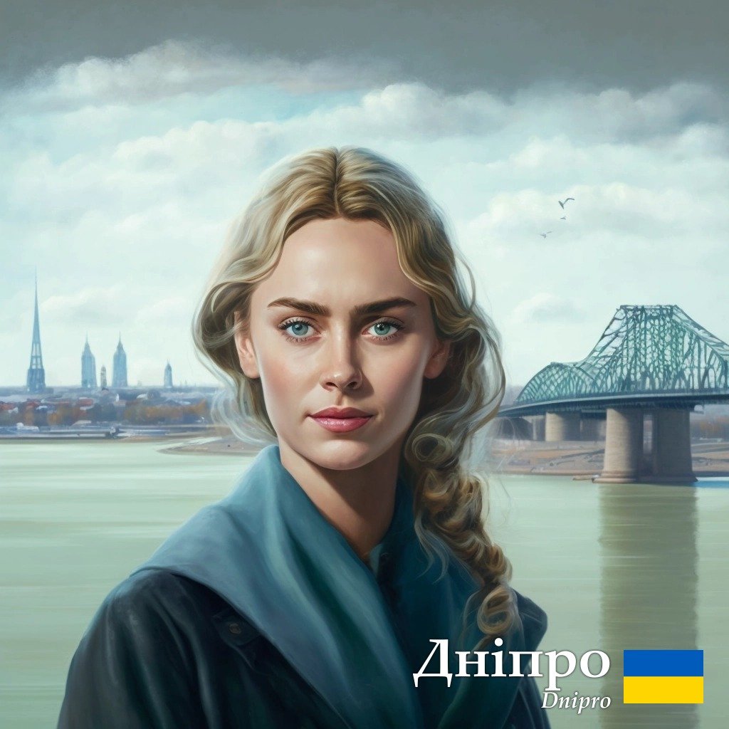 Дніпро нейромережа уявляє в образі молодої жінки на тлі мосту