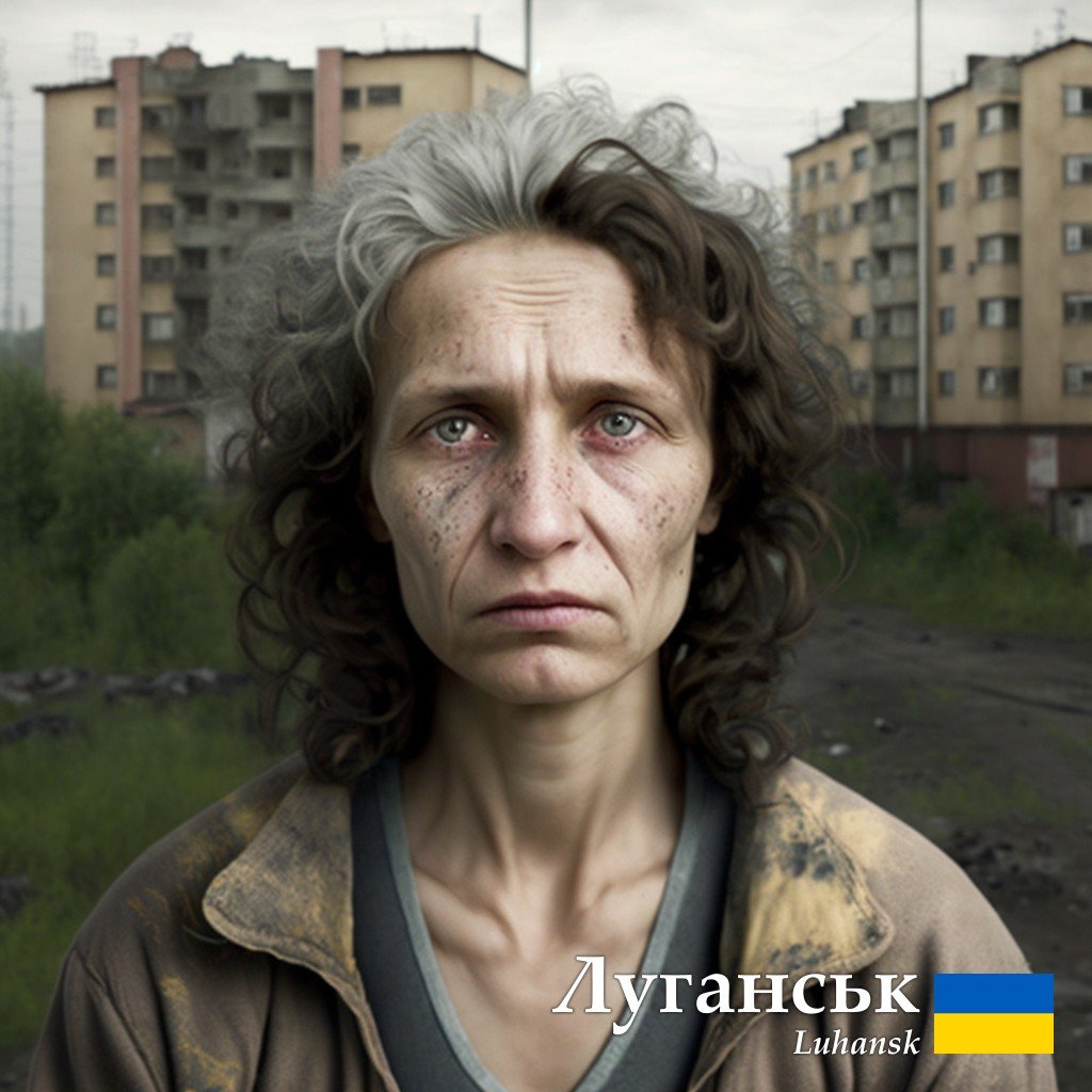 Виснажена жінка на тлі міської забудови є відображенням Луганська