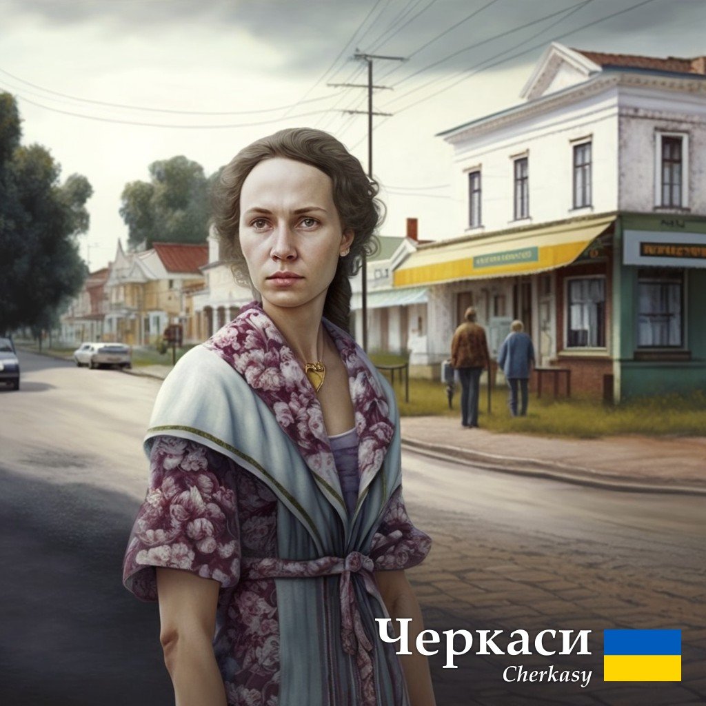 Черкаси зображені у вигляді русявої жінки у літньому вбранні