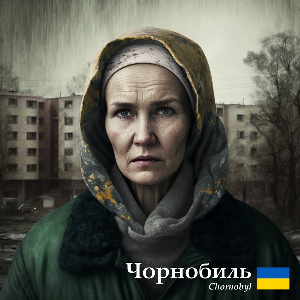 Чорнобиль ШІ уявляє старшою жінкою на тлі зруйнованої забудови