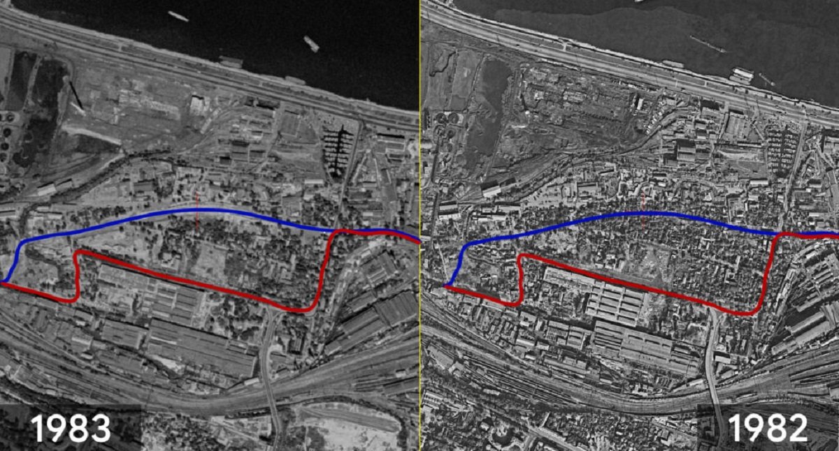 Поверх намальовано сучасний (синім) і тодішній маршрут трамвая (червоним)