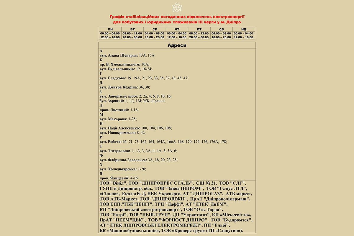 Графики отключений света в Днепре Графики отключений света в Днепре
