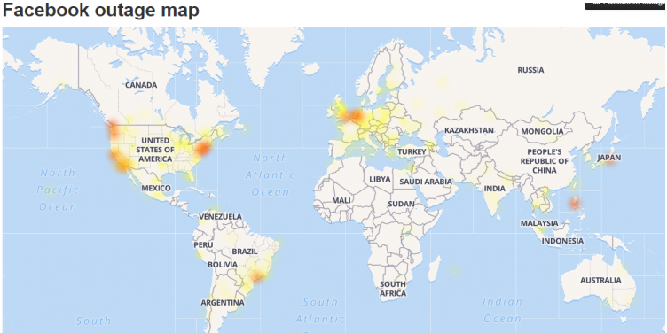 Фото: downdetector.com. На карте помечены страны, где были зафиксированы помехи в работе Facebook