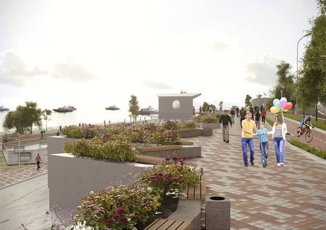 Дизайн скамеек и цветников верхней части Оболонской набережной по ул. Приречная