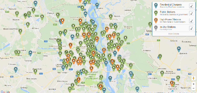Карта заправок электромобилей в Киеве