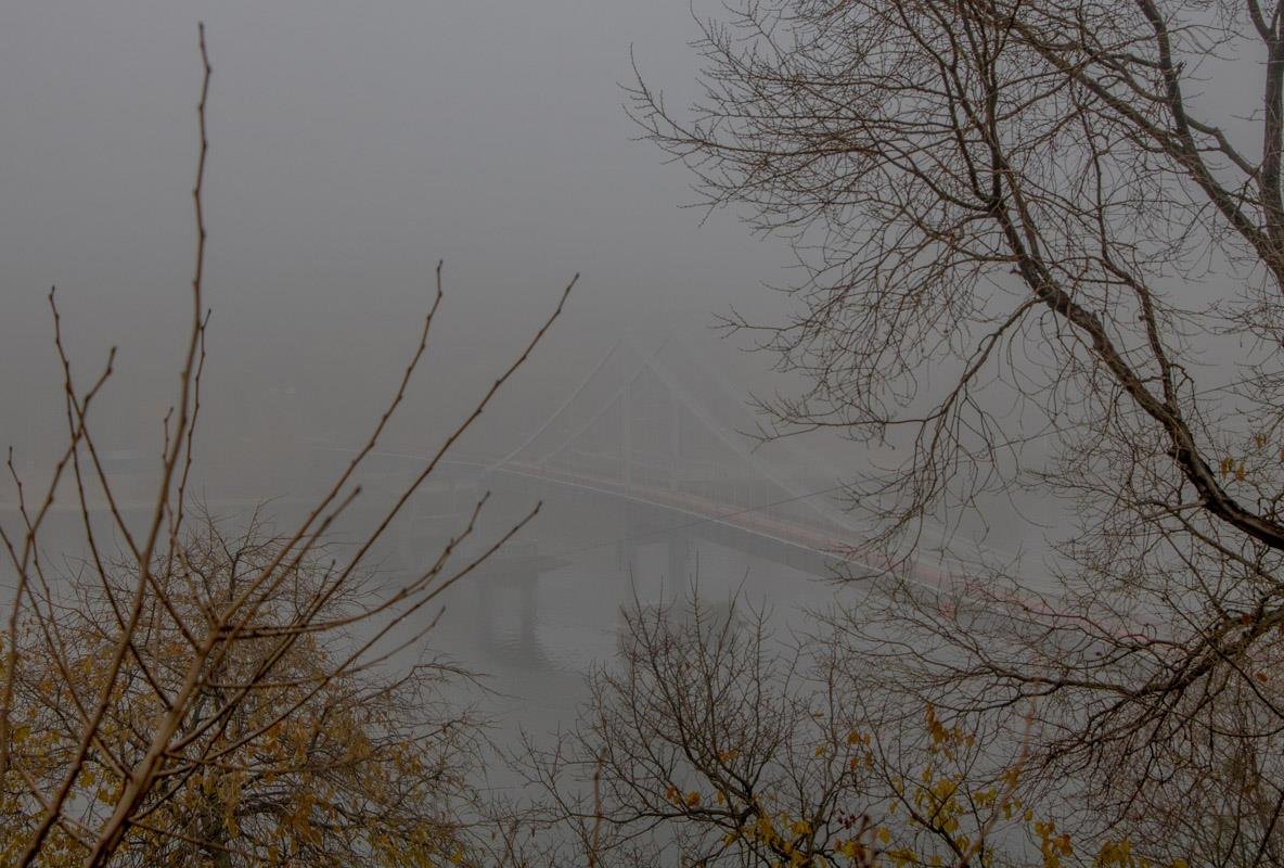 В белой дымке видны лишь очертания Паркового моста 