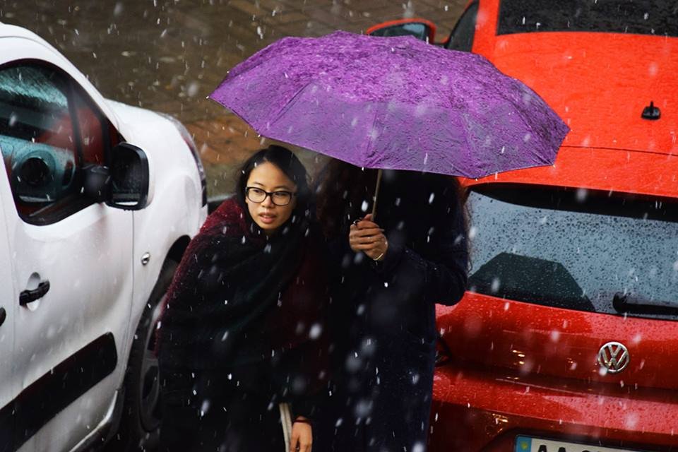 От снега прячутся под зонтами