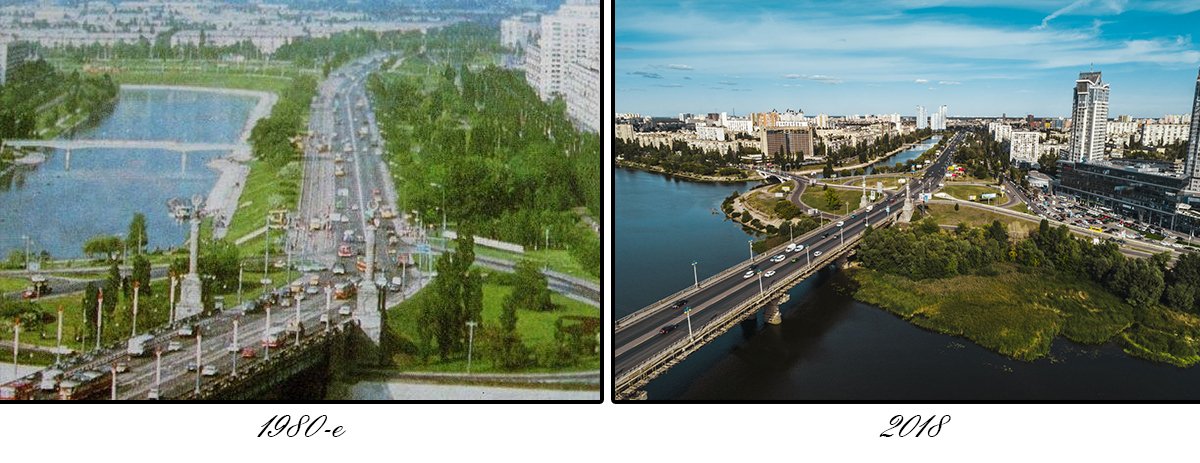 Со стороны правого берега на въезде на мост стоят пропилеи — колонады парадного входа