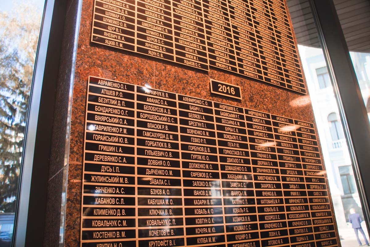 На стенах помещены 2532 таблички с фамилиями военнослужащих Вооруженных Сил Украины, которые погибли за время независимости