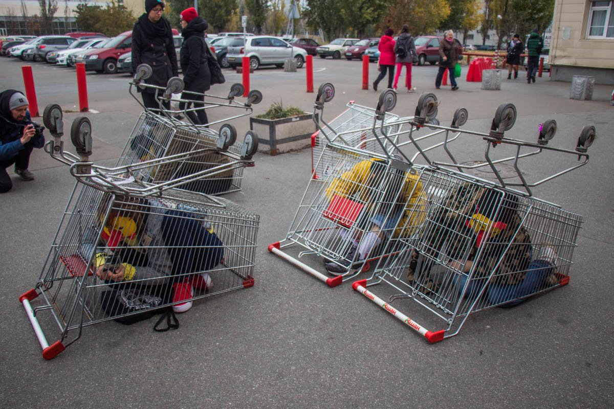 Зоозащитники, одев маски цыплят, укрылись тележками для продуктов, имитируя сложные условия тесных клеток, в которых содержат курочек Зоозащитники, одев маски цыплят, укрылись тележками для продуктов, имитируя сложные условия тесных клеток, в которых содержат курочек