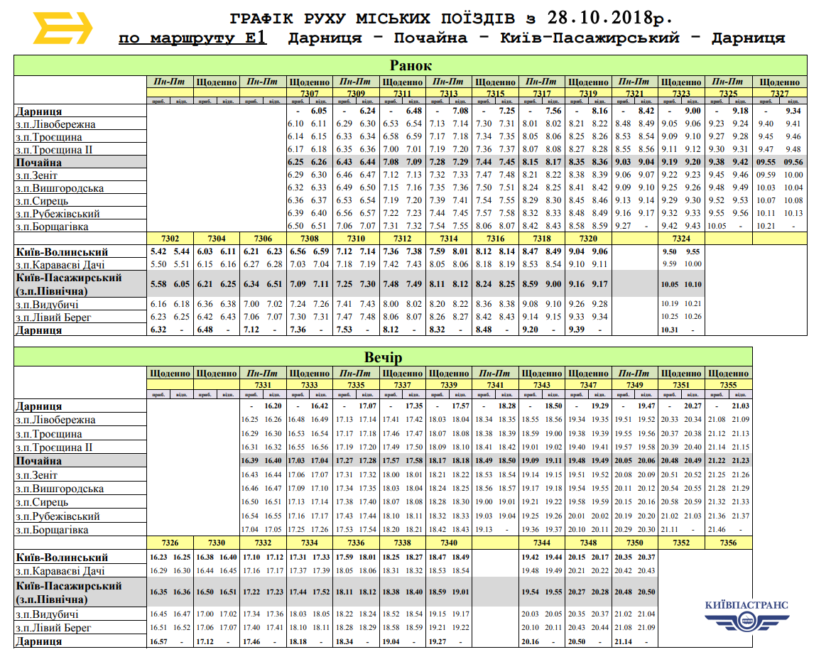 Расписание маршрута «Дарница – Почайна – Киев-Пассажирский - Дарница»