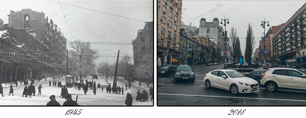 Сгоревшие здания после освобождения Киева