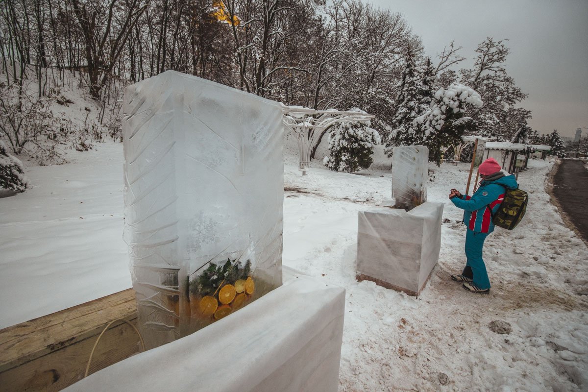 На входе в парк посетителей встречают ледяные инсталляции