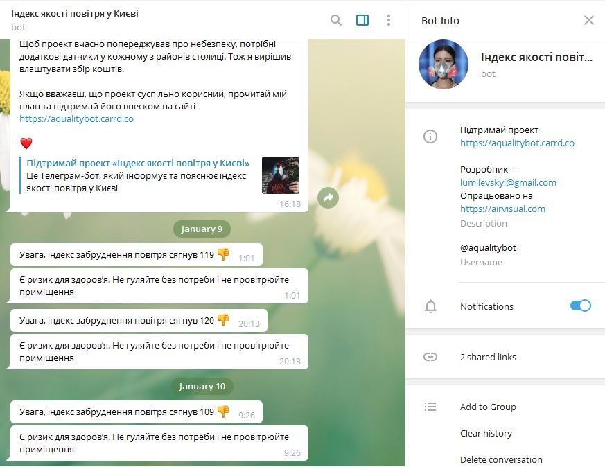 Бот, который сообщает об уровне загрязнения воздуха в Киеве Бот, который сообщает об уровне загрязнения воздуха в Киеве