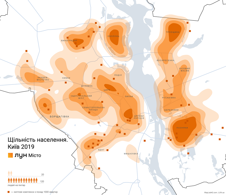 Плотность населения по районам Киева. Видно, что самым "любимым" среди жителей столицы является район Позняки