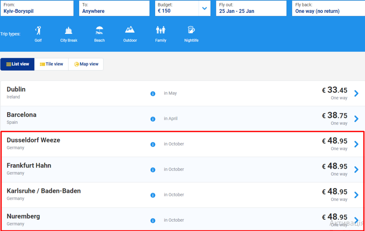 Ryanair запускает четыре новых рейса из Киева в Германию