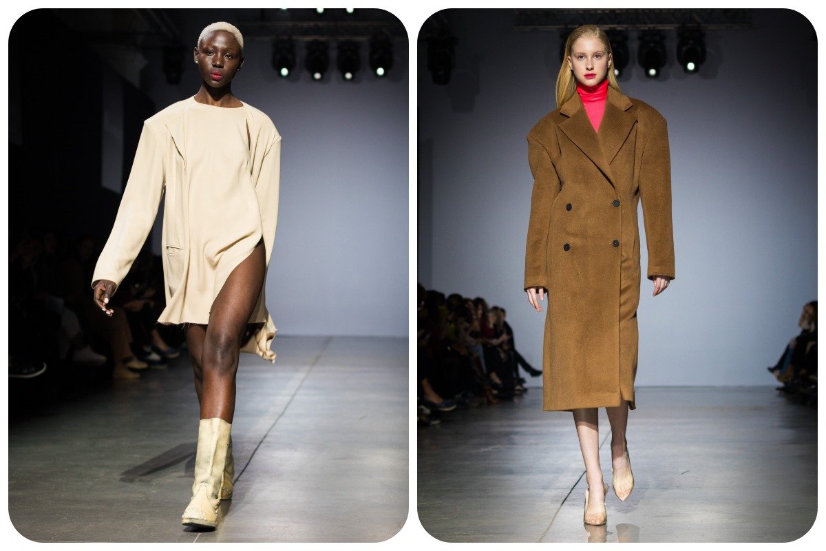 Атласные боди дополняли грубым денимом.