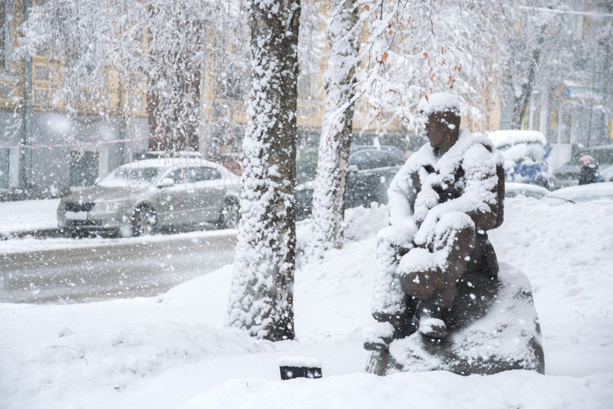 Снежные хлопья осыпали задумчивых прохожих, деревья, дороги и памятники Снежные хлопья осыпали задумчивых прохожих, деревья, дороги и памятники