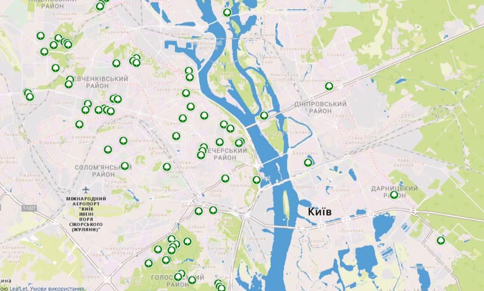 На карте обозначены старейшие деревья в Киеве и области 