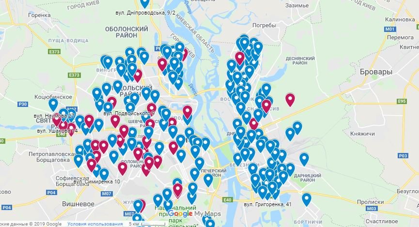 Синим цветом обозначили работающие бюветы, а бордовым - неработающие Синим цветом обозначили работающие бюветы, а бордовым - неработающие
