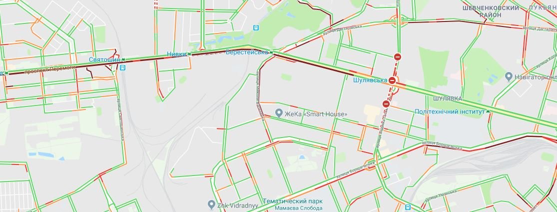 Дорожная ситуация в Киеве по данным сервиса Google.Maps