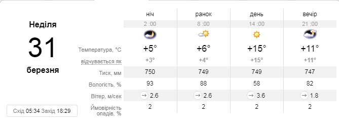 Прогноз погоды в Киеве на 31 марта от сайта sinoptik.ua