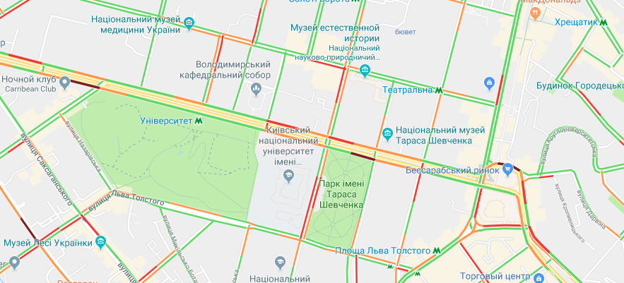 В центре столицы сейчас в основном стоят бульвар Шевченко и район вокруг Бессарабского рынка В центре столицы сейчас в основном стоят бульвар Шевченко и район вокруг Бессарабского рынка