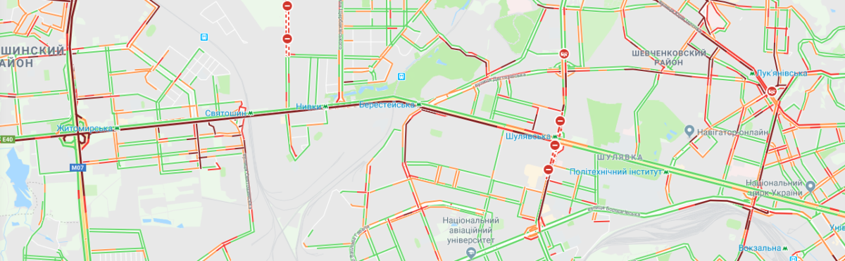Ситуация с пробкой в районе Шулявского моста выглядит устрашающе. Также на скрин попали пробки в районе Лукьяновки Ситуация с пробкой в районе Шулявского моста выглядит устрашающе. Также на скрин попали пробки в районе Лукьяновки