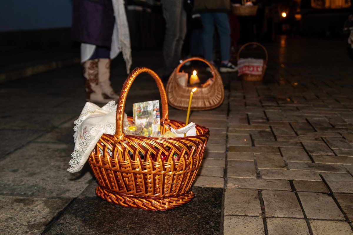 Освященная и окропленная святой водой пасхальная корзина