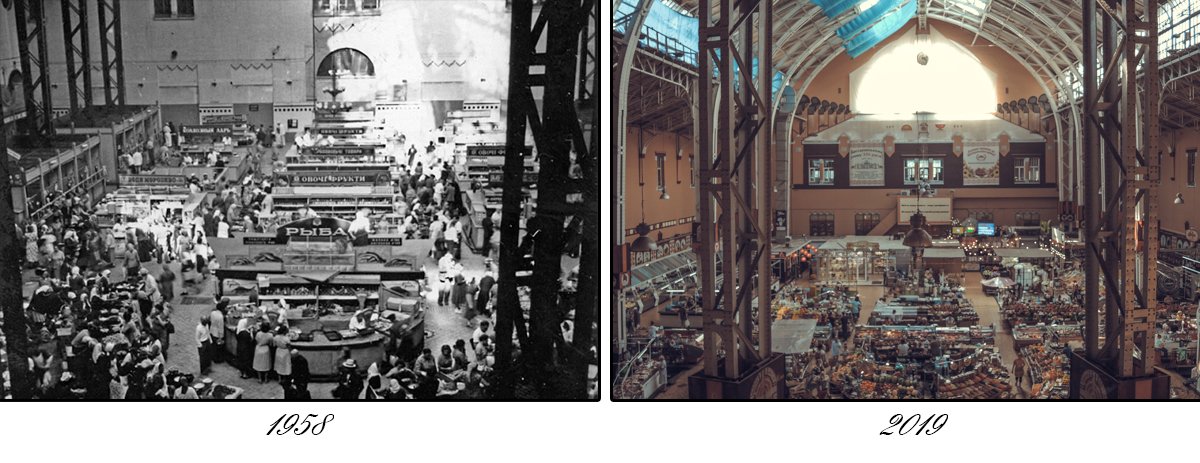 Внутри Бессарабского рынка. Внутреннее убранство изменилось сильнее, чем фасад