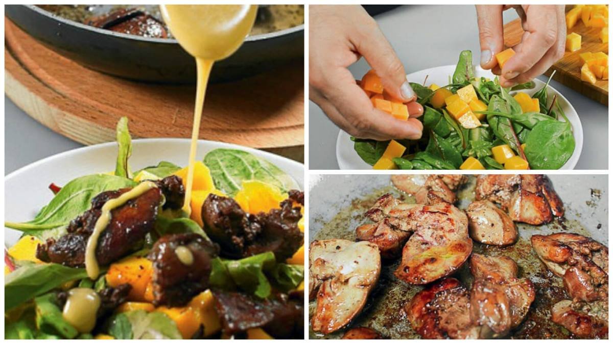 Теплый салат с куриной печенью и манго